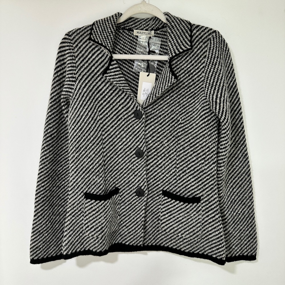 Maryline Womens Knit Blazer Wool Blend Chevron Made‎ in Italy Small Grey Black